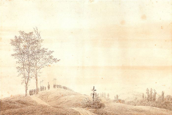Caspar David Friedrich, Pilgerzug bei Sonnenuntergang, Procession at Dawn / Dusk, Pencil and Sepia on paper, 16.02" x 24", 1805