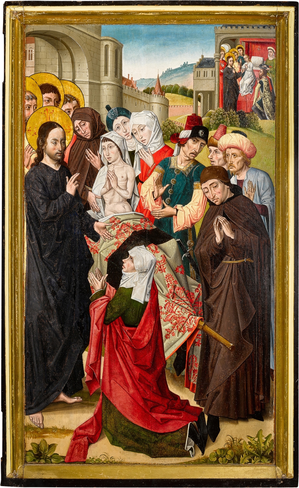 Artwork by Master of the View of Sainte Gudule, The Master of the Sherborne Almshouse, A triptych with the five miracles of Christ, Made of oil and gold on panel, partial monochrome
