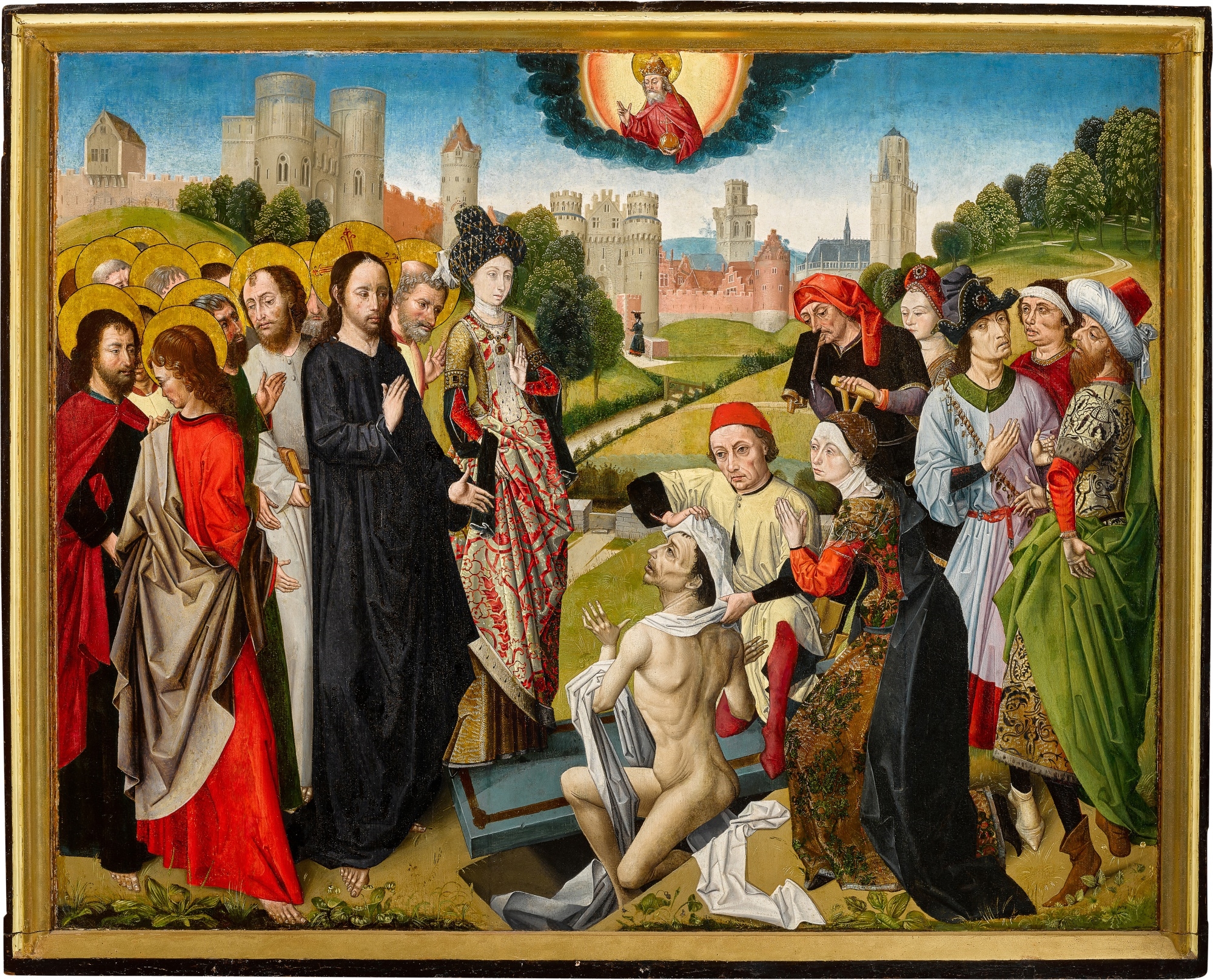 Artwork by Master of the View of Sainte Gudule, The Master of the Sherborne Almshouse, A triptych with the five miracles of Christ, Made of oil and gold on panel, partial monochrome