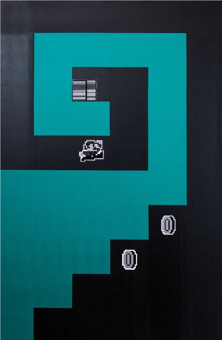 Hüicho! Mix-tendo, Acrylic paint and laminated paper on canvas, 48" x 72"