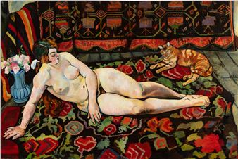 Nu au chat couché sur une draperie